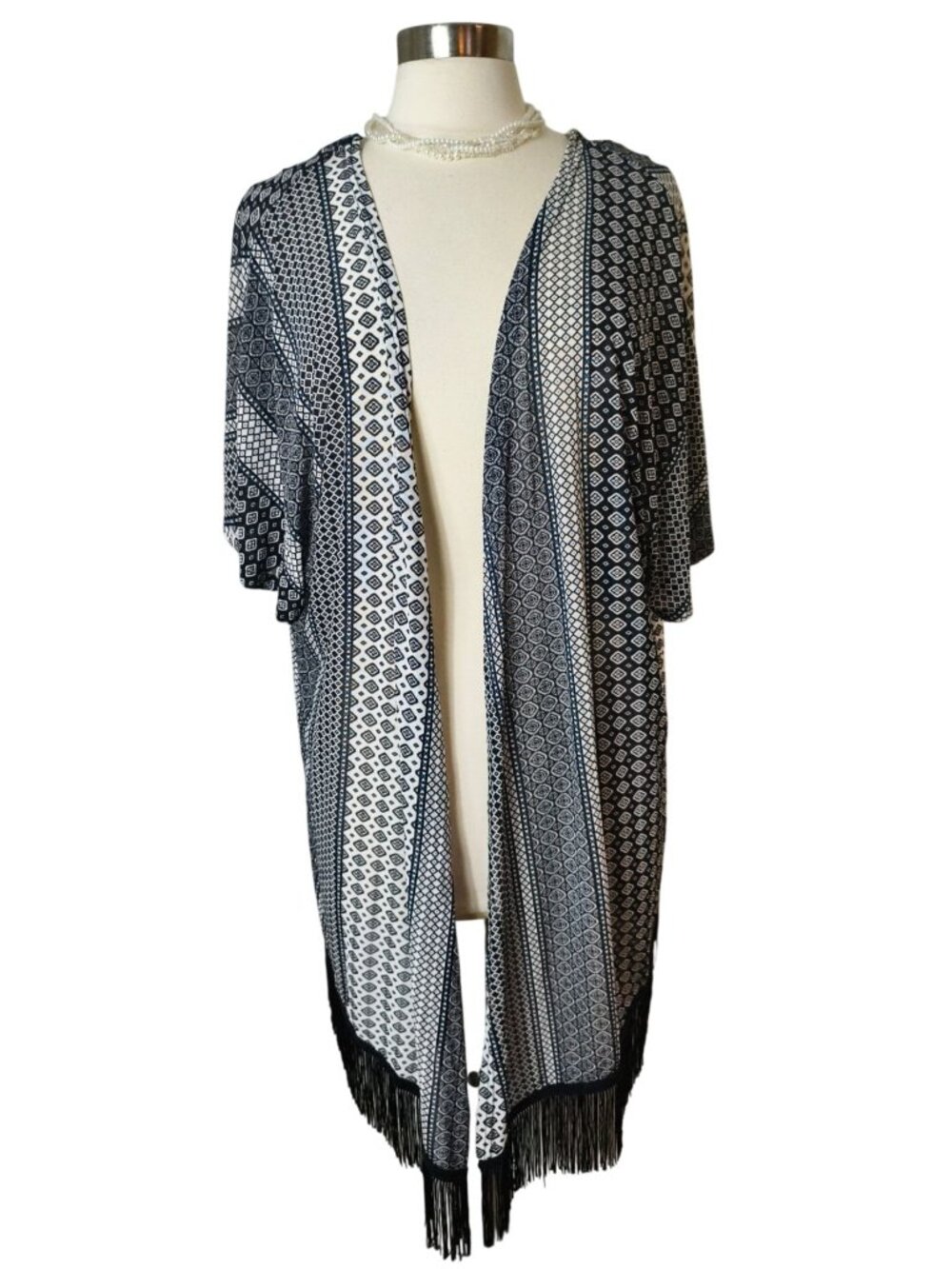 Siren Lily Womens 2X Open Front Kimono Cardigan Fringe Hem Boho Navy/White